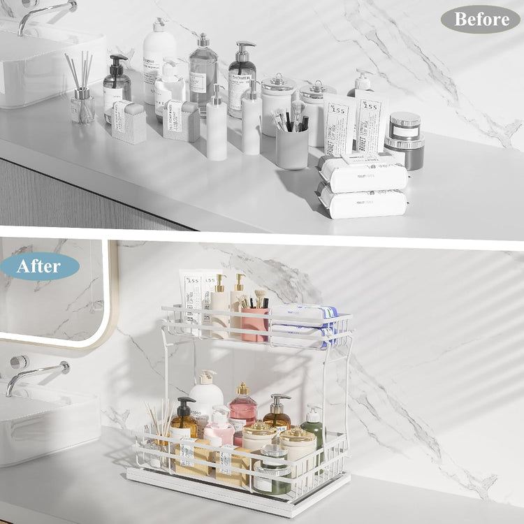 1 Pack Under Sink Organizers and Storage, 2 Tier Pull Out Cabinet Organizer, Metal Sliding Drawer Storage for Kitchen Bathroom,White