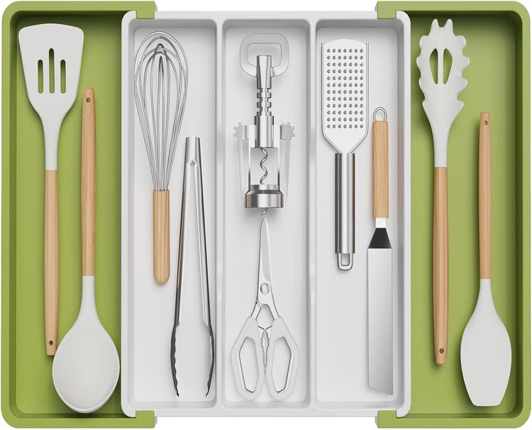 Lifewit Utensil Organizer for Kitchen Drawers, Expandable Cooking Utensil Tray, Adjustable Cutlery Silverware Flatware Holder, Spatula Tools and Gadgets Storage Divider, 13"-22.4" x 15", Green&White