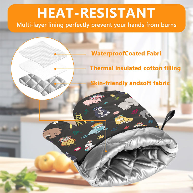 Cute Animals Oven Mitts and Animal World Pot Holders Sets 4Pcs