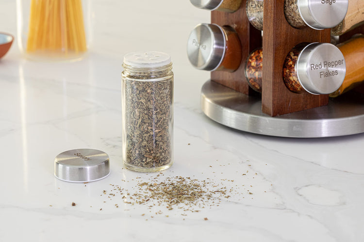 20 Jar Rotating Dark Acacia Wood Spice Rack with Spices Included & 5