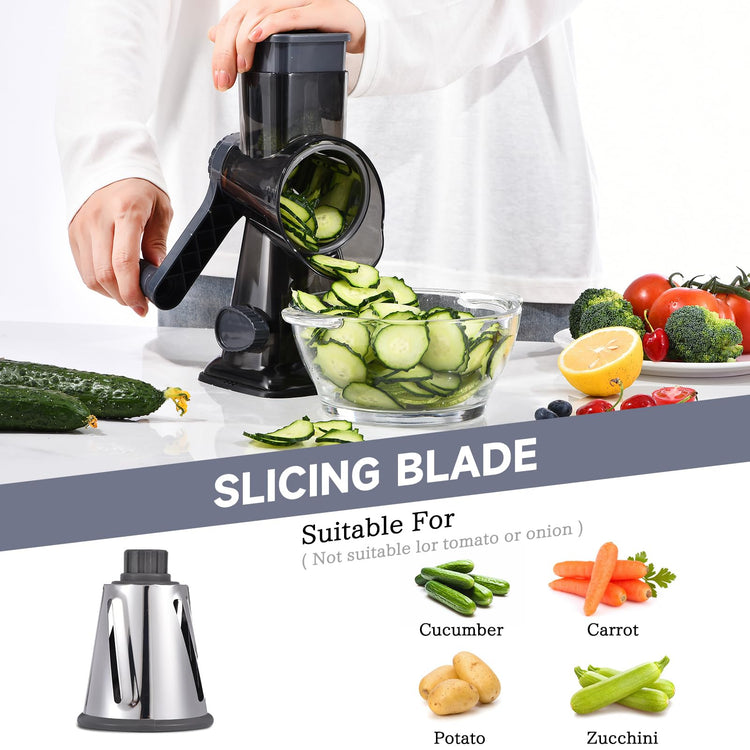 Rotary Cheese Grater with Handle Kitchen Shredder Slicer Grater Slicer Ice Shaver Cheese Vegetable Nuts Potato Zucchini Chocolate 3 Interchangeable Blades