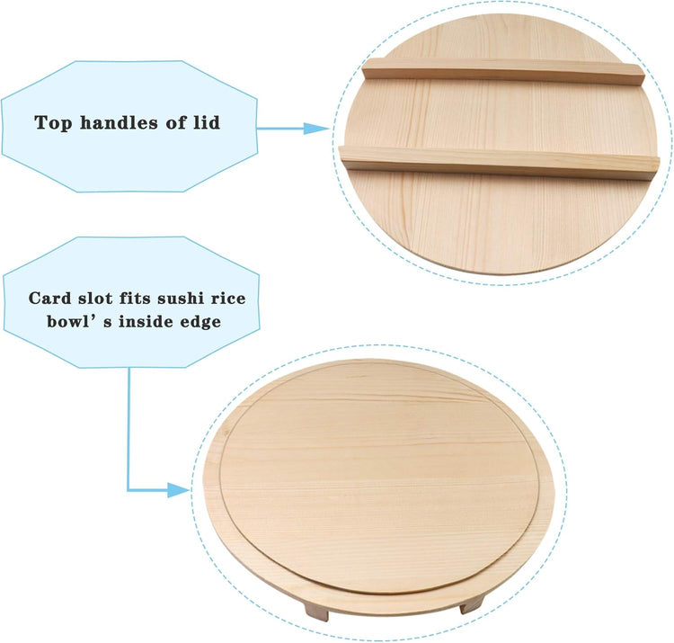 Kichgather Wooden Sushi Rice Bowl with Lid Hangiri Sushi Oke Sushi Rice Mixing Tub (11.8 ” with lid)