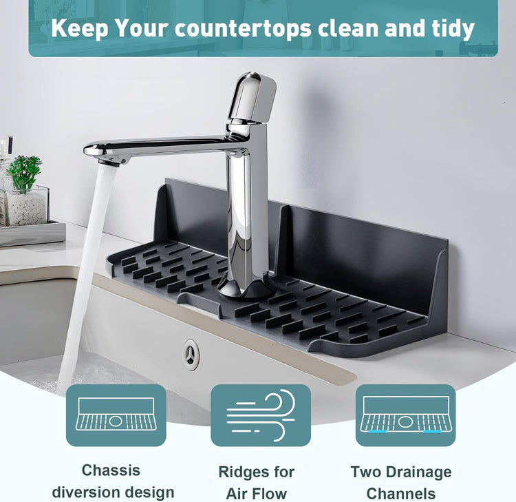 Silicone Kitchen Sink auto Drain Organizer, Kitchen countertop and Sink Splash Guard.Kitchen Sponge Rack and organizing Shelf,Suitable for Cleaning Tools, dispensers, Bottles, Cups (Gray)