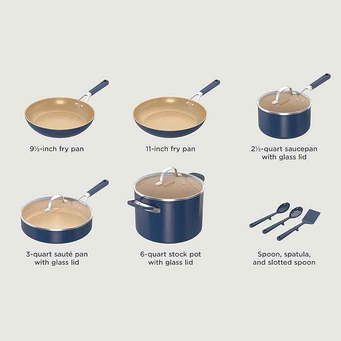 Ninja Ceramic Cookware Set, Extended Life 11-Piece Kitchen Cookware Sets with Comfort Grip, Nonstick Fry Pans, Pots, PTFE Free, Oven & Dishwasher Safe, Stovetop Compatible, Navy Blue, CW49011