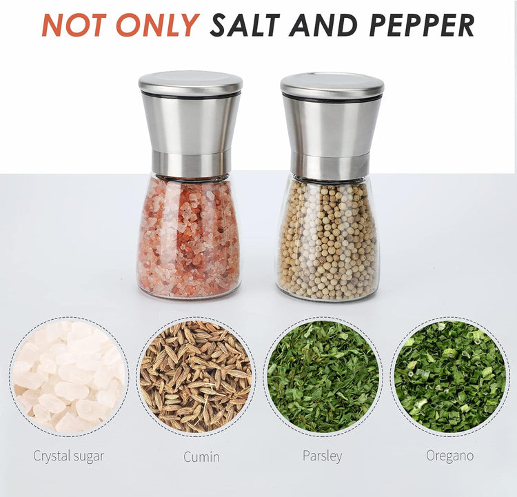 Salt and Pepper Grinder Set - Refillable Grinder Adjustable Coarseness of Pepper Salt Spice Stainless Steel Mills Glass 6oz(2 Pack)