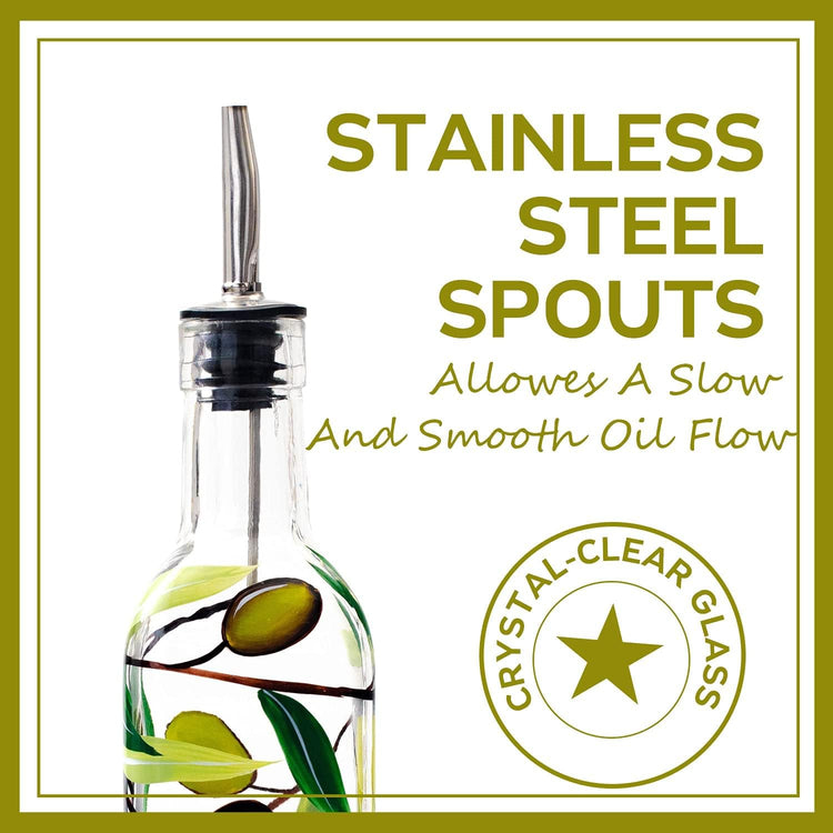 17oz Hand Painted Glass Olive Oil Bottle Dispenser- 500ml Green Oil & Vinegar Cruet with Pourers - Olive Oil Carafe Decanter for Kitchen (olive)