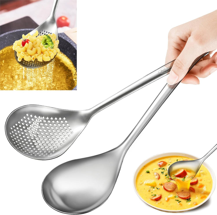 Large Serving Cooking Spoon Set, Stainless Steel Soup Gravy Ladle, Solid Slotted Metal,for Mixing, Serving, Stirring (2-Piece)