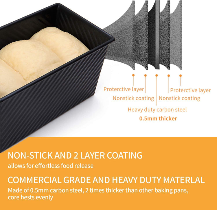 CHEFMADE Pullman Loaf Pan with Lid 2 Pcs, 1Lb Dough Capacity Non-Stick Rectangle Corrugated Bread Pan, Carbon Steel Toast Pan with Cover for Baking Bread - Black