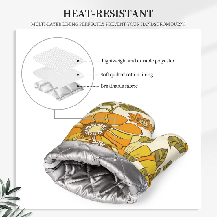 Retro 70s Style Flower Oven Mitts and Pot Holders Sets Silicone Kitchen Mitts Potholders Heat Resistant 4Pcs Oven Gloves Hot Pads for Kitchen Baking Cooking BBQ Grilling