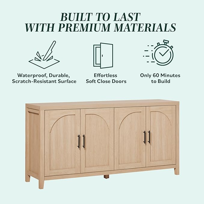 Walker Edison Sasha 4-Door Reeded Sideboard Buffet with Cord Management, 60 Inch, Coastal Oak
