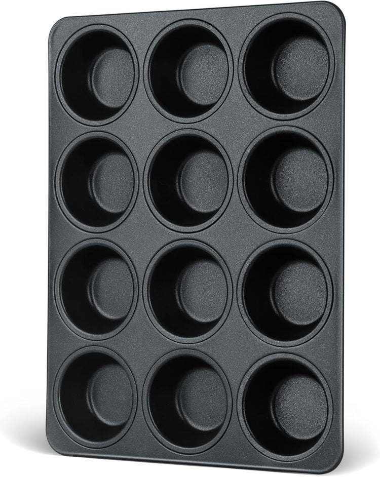 E-far Nonstick Muffin Pans 12 Cups, Stainless Steel Muffin Tin Cupcake Pan Tray for Baking, Stainless Steel Core & Non Toxic, Easy Release & Easy Clean, Black