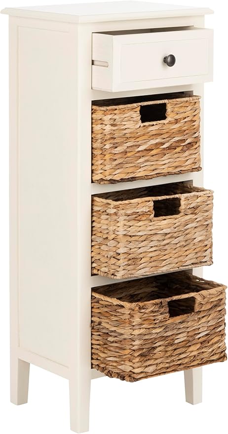SAFAVIEH Home Collection – Michaela Vintage White Storage Unit with Woven Basket Drawers, British Colonial Farmhouse Accent Storage, Fully Assembled (AMH5744B)
