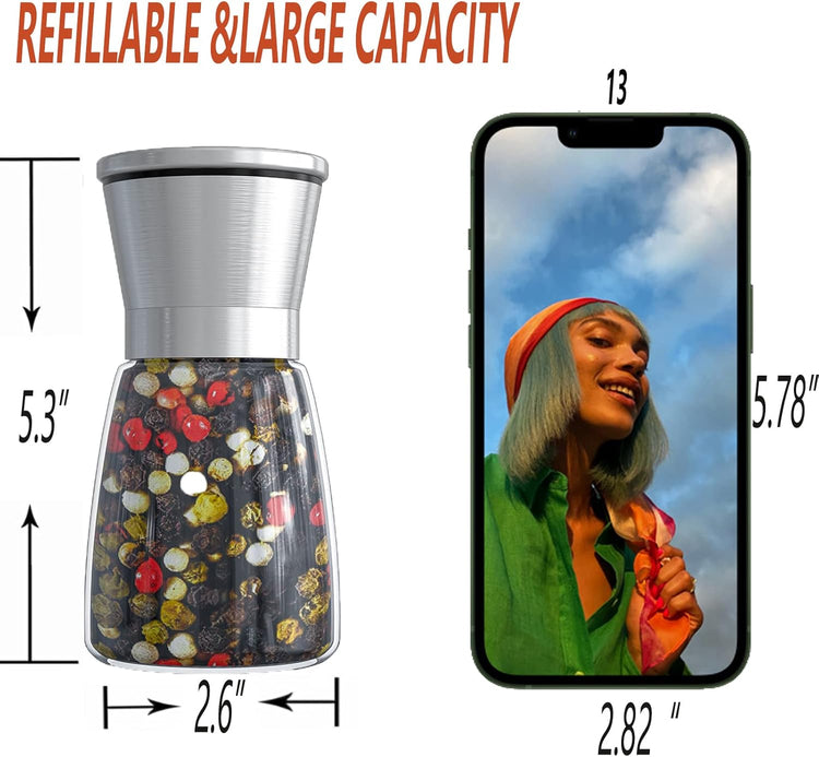 Professional Pepper Grinder - with Germany Hardened Carbon Steel Mechanism Rotor, Refillable Pepper Mill 6OZ Glass Adjust Coarseness (1PCS-Sliver-304)