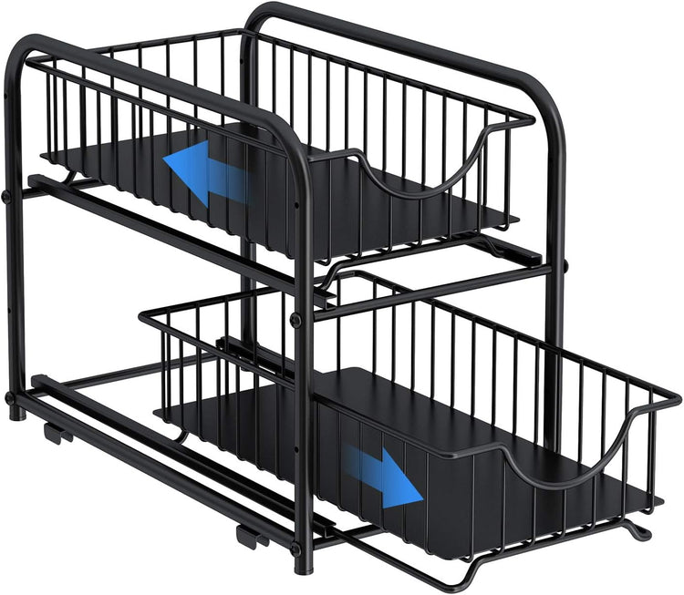 AIYAKA Pull-out Cabinet Organizer, Stackable 2-tier Under Sink Rack, with Sliding Storage Drawer for Pantry, and Desktop, for Bathroom, Kitchen, Office, Black