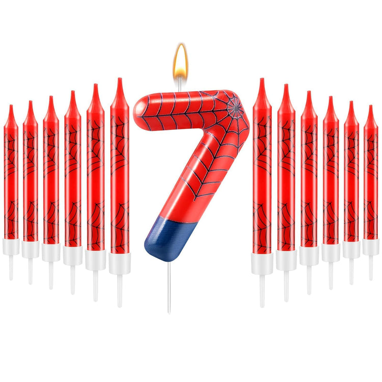 13 Pcs Spider Themed Birthday Candle Set Red Spider Theme Number 7 Candle Cake Topper for Boys Girls Birthday Decoration Spider Party Decoration Supplies (13 Count)