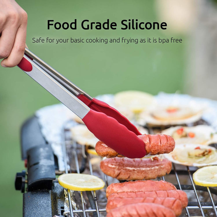 U-Taste Kitchen Tongs, 7/9/12 inches Cooking Tongs, with 480ºF High Heat-Resistant Non-Stick Silicone Tips, 18/8 Stainless Steel Handle, for Food Grill, Salad, BBQ, Frying, Serving, Pack of 3 (Red)