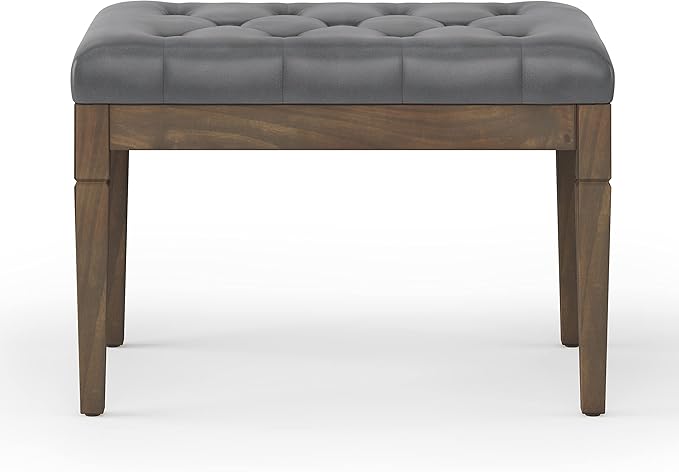 SIMPLIHOME Waverly Small Tufted Ottoman Bench - 28 inch Wide Upholstered Vegan Leather Rectangle Footstool Ottoman in Stone Grey, Traditional Bench for Bedroom or Living Room with Carved Legs