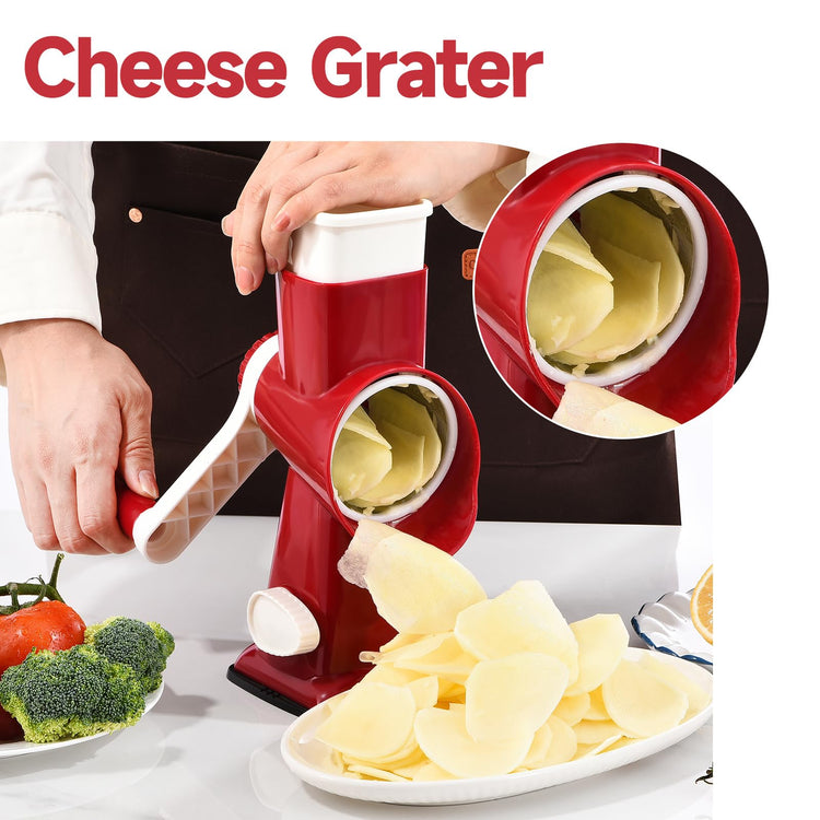 Rotary Cheese Grater with Handle Kitchen Shredder Slicer Grater Slicer Ice Shaver Cheese Vegetable Nuts Potato Zucchini Chocolate 3 Interchangeable Blades