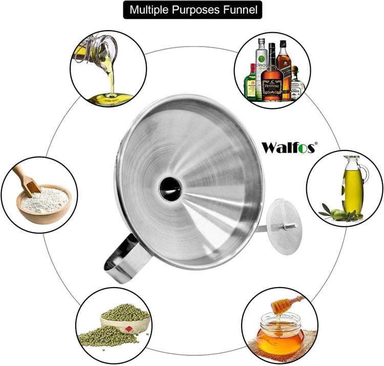Stainless Steel Funnel, Walfos Kitchen Funnel with 2 Removable Strainer & 1Pc Cleaning Brush, Perfect for Transferring of Liquid, Oils, Jam, Dry Ingredients & Powder (4.1")