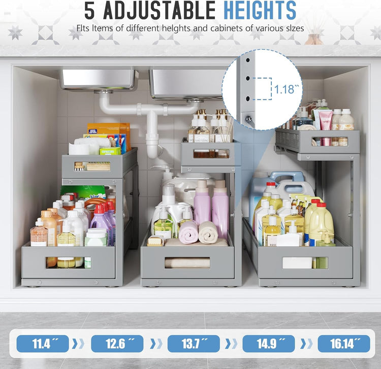 2 Pack 20.47IN Depth Under Sink Storage Organizer, Large 2-Tier Elegant Mesh Pull Out Shelf for Kitchen and Bathroom Cabinet Organization, L-Shaped and Adjustable Height Design-Gun Gray