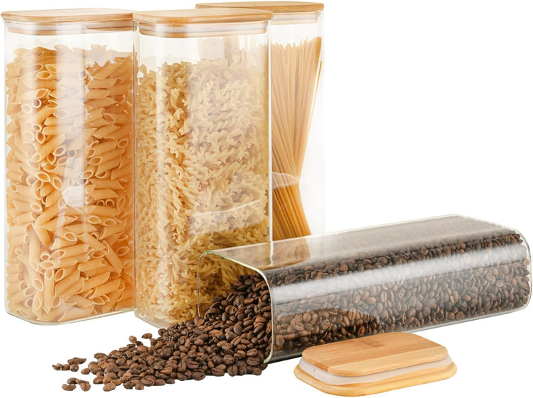 71oz Rectangle Airtight Glass Storage Containers with Bamboo Lids (Set of 4), Square Food Storage Jar, Pantry Organizers for Sugar, Flour, Spaghetti and Coffee beans (with Black Lable)