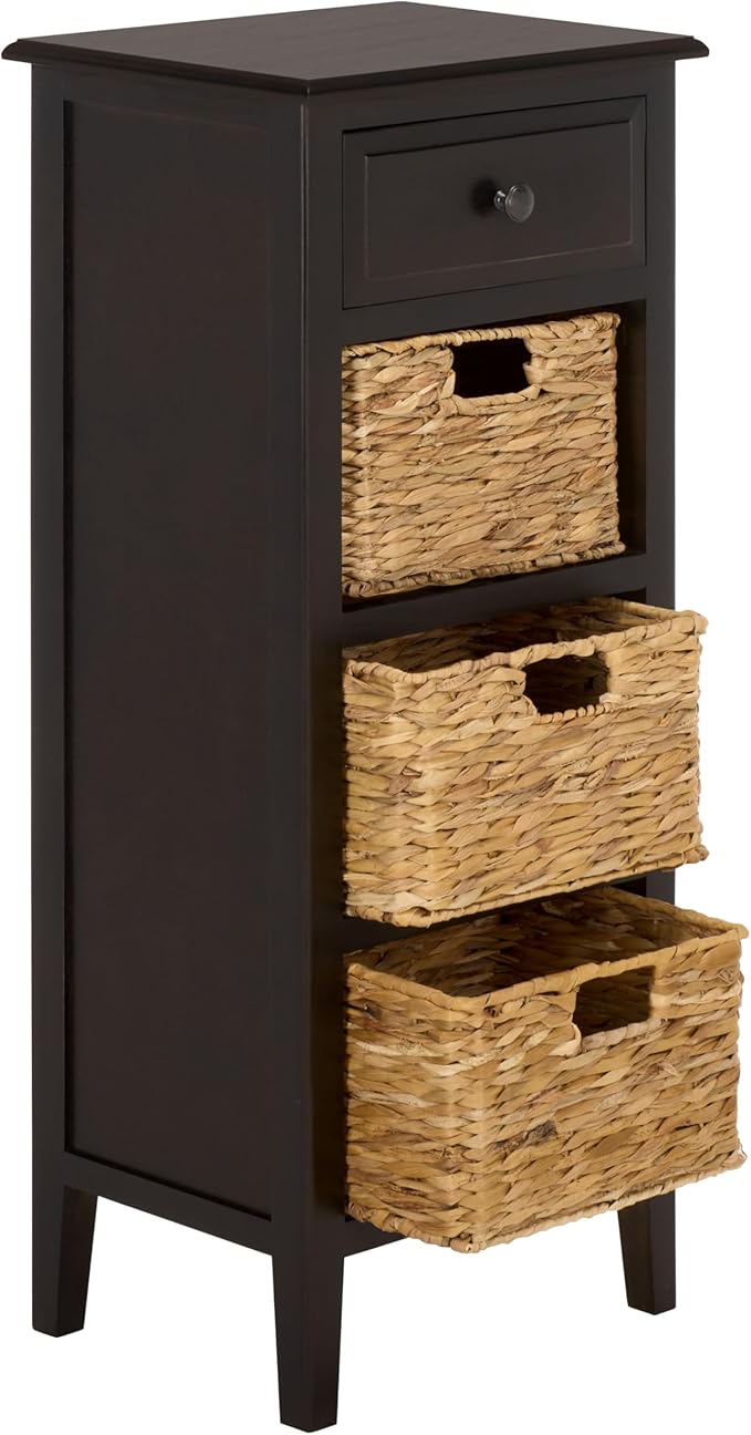 SAFAVIEH Home Collection – Michaela Black 4-Drawer Storage Unit, Natural Rattan Basket Organization, Fully Assembled (AMH5744H)
