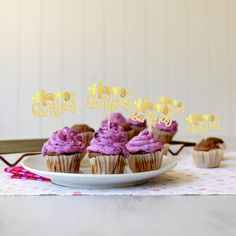 24Pcs Gold Metallic Happy Birthday Cupcake Toppers for Birthday (24 Count)