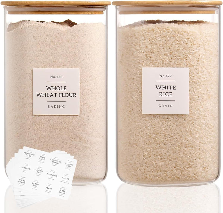 2 Pack large Square Glass Flour and Sugar Containers with 132 Kitchen Pantry Labels - Thicken 149 floz Glass Storage Jars with Airtight Bamboo Lid - Big Rice Canisters for Coffee, Pasta, Cereal