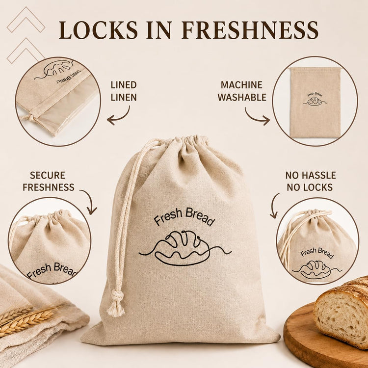 3 Pack Linen Bread Bags for Homemade Bread (3 Count)