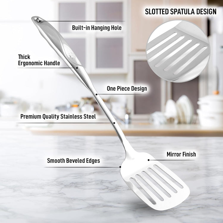 Zulay Kitchen Stainless Steel Metal Spatula – Lightweight, Strong & Durable Metal Turner – Easy to Use, Comfortable Grip, Heat Resistant & Dishwasher Safe – Perfect for Home Cooks & Chefs (14.8")
