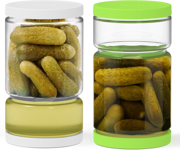 Glass Pickle Jar with Strainer for Pickle Lover - 45 Oz Leakproof and Airtight Juice Separator for Olive, Gherkin, Chilli, BPA Free, Dishwasher and Refrigerator Safe (White&Green, 45oz*2pcs)