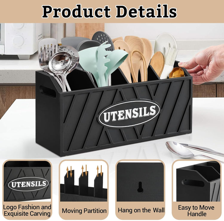 Large Wooden Utensil Holder, Black, 4 Compartments, Countertop or Wall Mount, Kitchen Gadget Organizer