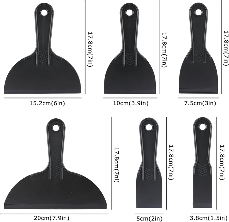 6 Pack Plastic Putty Knife, Durable Plastic Scraper Tool with No-Slip Grip for Spackle, Spreader, Non Scratch and Easy Cleaning Spackle Knife, Putty Knife Set, Black