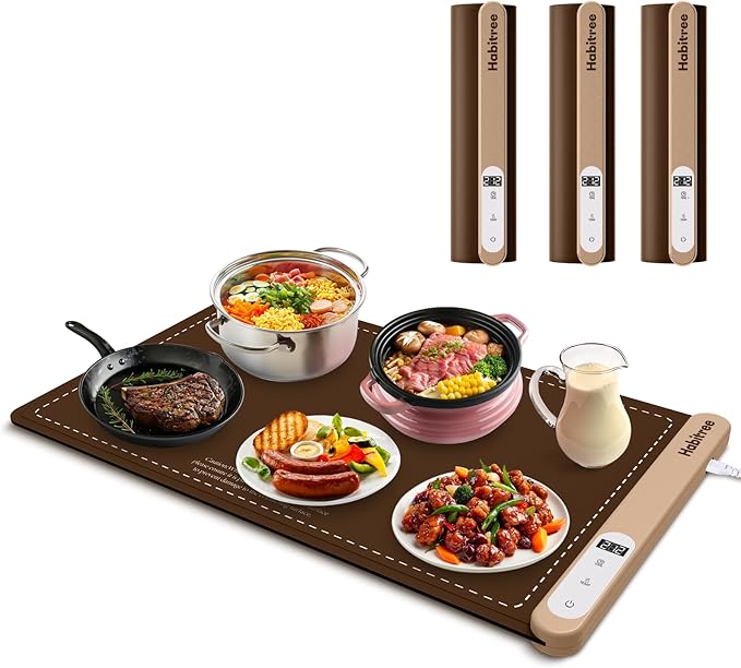 3-Pack Silicone Food Warming Mat & Food Warmers for Parties Buffet - Rapid Heating 6-Level Temp Control, Rollable Portable Easy Clean - Value Set for Gatherings & Home Daily UseοΌBrownοΌ