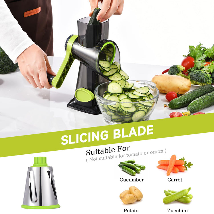 Rotary Cheese Grater with Handle Kitchen Shredder Slicer Grater Slicer Ice Shaver Cheese Vegetable Nuts Potato Zucchini Chocolate 3 Interchangeable Blades