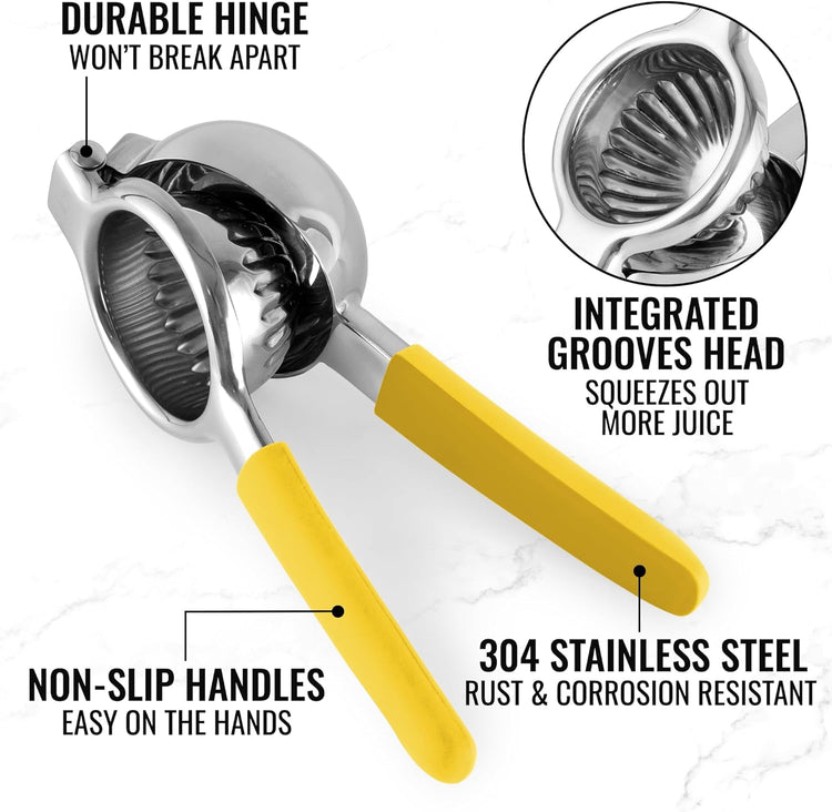 Zulay Lemon Squeezer Stainless Steel with Premium Heavy Duty Solid Metal Squeezer Bowl and Food Grade Silicone Handles - Large Manual Citrus Press Juicer and Lime Squeezer Stainless Steel (Yellow)
