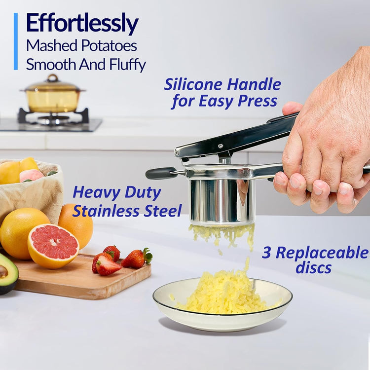 Potato Ricer, Ricer for Mashed Potatoes, 3 Interchangeable Discs Potato Masher Stainless Steel for Fluffy Mashed Potatoes, Heavy Duty Spaetzle Maker with Silicone Handle, for Gnocchi Spaghetti