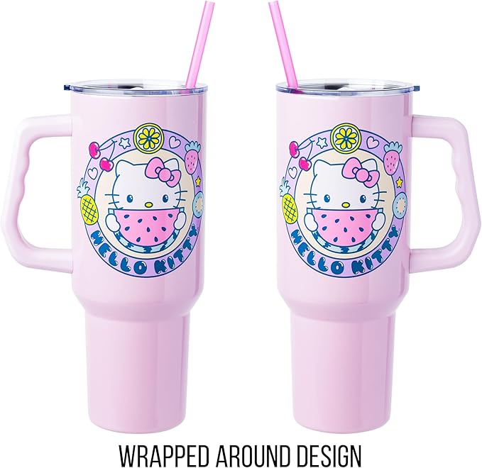 Silver Buffalo Sanrio Hello Kitty Summer Kawaii Fruits Double Walled Stainless Steel Tumbler with Handle, Fits in Standard Cup Holder, 40 Ounces