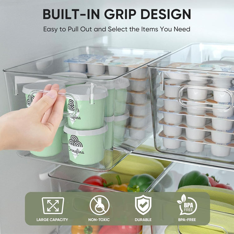 BALEINE Clear Plastic Storage Bins, Pantry Organization, BPA Free Stackable Refrigerator Organizers and Storage with Handles for Kitchen Fridge Cabinet Bathroom (6PK, 13x7.4x6.2)