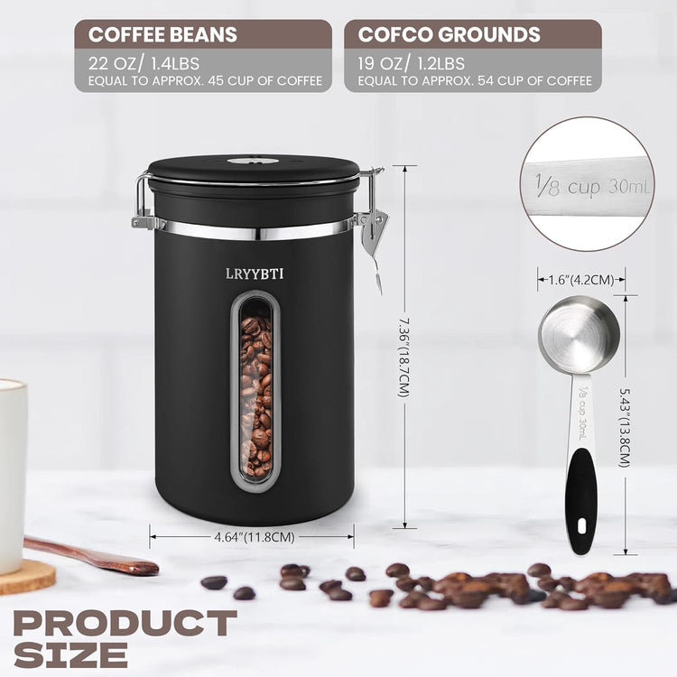 Coffee Canisters with Window,Scoop and Airtight Lid Stainless Steel Kitchen Bean Storage Grounds Container(22OZ/Black)Date Tracker and Scoop for Grounds Coffee Bar Accessories Beans, Cereal, Sugar