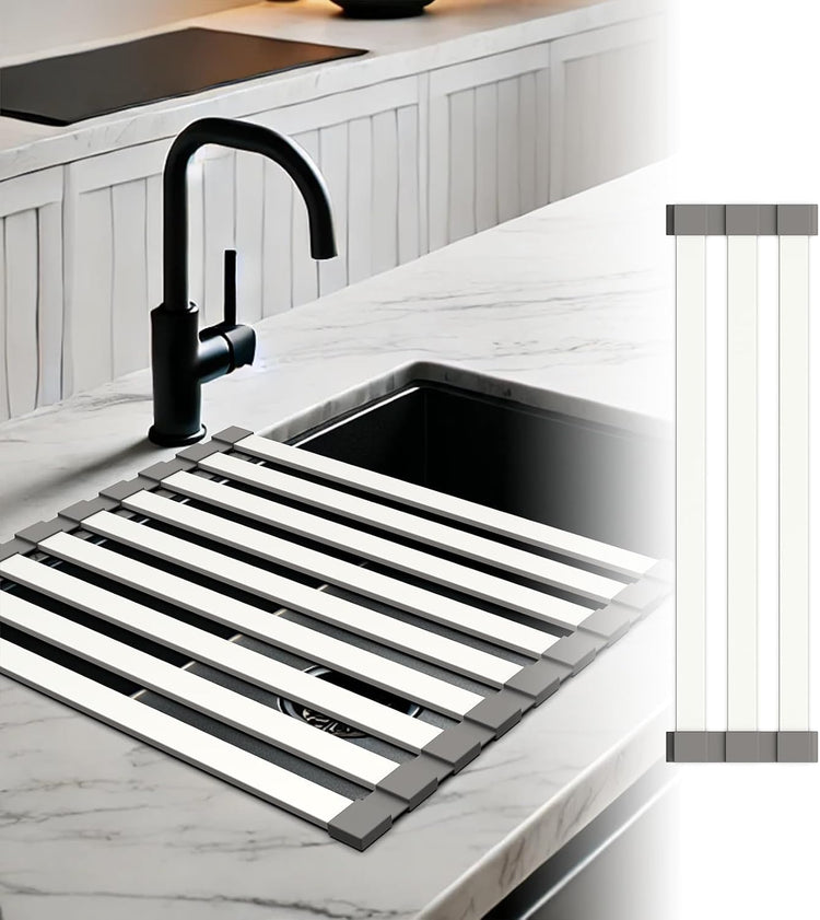 Mamakura Roll Up Dish Drying Rack Over The Sink,Multipurpose Foldable Sink Cutting Boards&Dish Rack for Kitchen,Aluminum Alloy Sink Rack Mat,21.85"x13.31",Grey