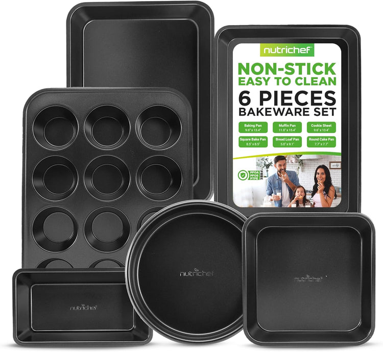 NutriChef Stackable Non-Stick Baking Pan Set – Carbon Steel Bakeware Set w/ Cookie Sheet, Muffin & Loaf Pan, Double Coated for Easy Release, Oven & Dishwasher Safe, Resists Warping, – Easy to Clean