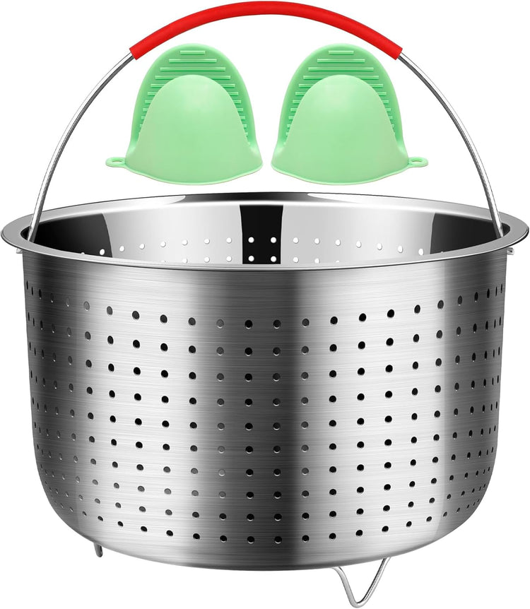 REDANT Steamer Basket for Instant Pot Accessories 3 qt - Strainer and Colander for Kitchen - Stainless Steel Vegetable Steamer for Cooking Broccoli, Pasta, Quinoa - with 2 Silicone Gloves, 3 Quart