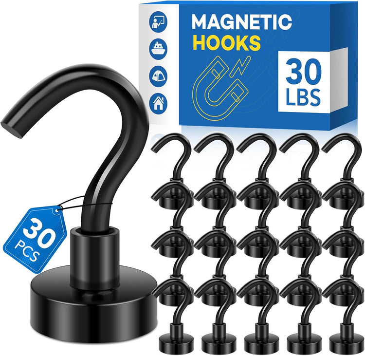 LOVIMAG Magnetic Hooks,30Lbs Magnets with Hooks for Cruise, Black Magnetic Hooks for Hanging, Fridge, Classroom, Refrigerator, Ceiling, Office, Kitchen. Grill, Garage-30Pack