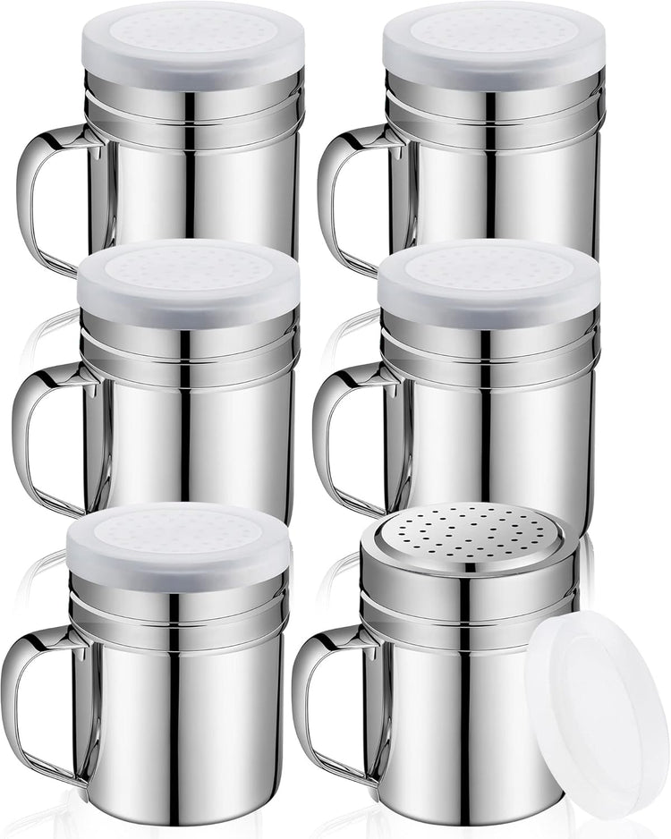 Lallisa 6 Pcs 10oz Stainless Steel Salt and Pepper Shakers with Lid and Handle Dredge Spice Seasoning Condiment Popcorn Salt Shaker Powder Sugar Flour for Cooking Kitchen Baking