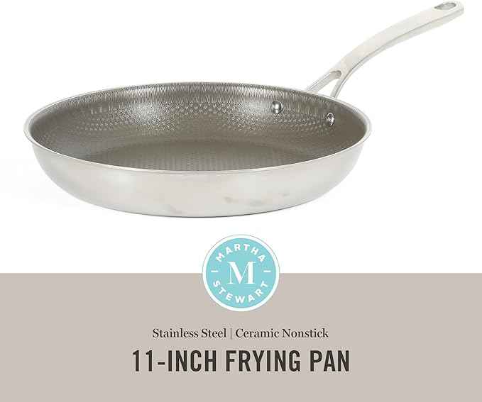 Martha Stewart Badgley Hybrid Nonstick 11 Inch TriPly Stainless Steel Large Fry Pan & Stay Cool Handle - Laser Etched Non-Toxic Perfect Sear Nonstick Skillet - Dishwasher and Induction Safe