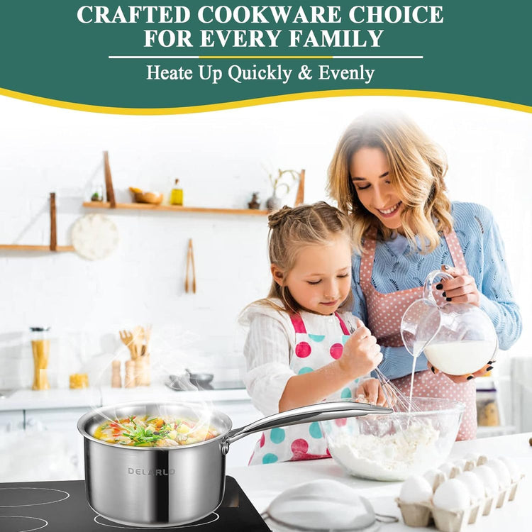DELARLO Stainless Steel Small Brushed Saucepan With Lid, Induction Cooking Sauce Pot Pans, 18/8 Tri-Ply Heavy Bottom Saucier Cookware, Dishwasher Safe & Oven Safe(2 Quart)