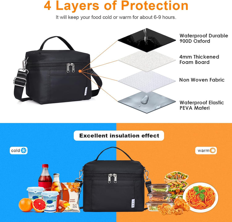 NOL Natural Organic Lifestyle Small Insulated Lunch Bags for Women Cooler Bag Lightweight Nylon Waterproof Lunch Box For Work(Small,Black)