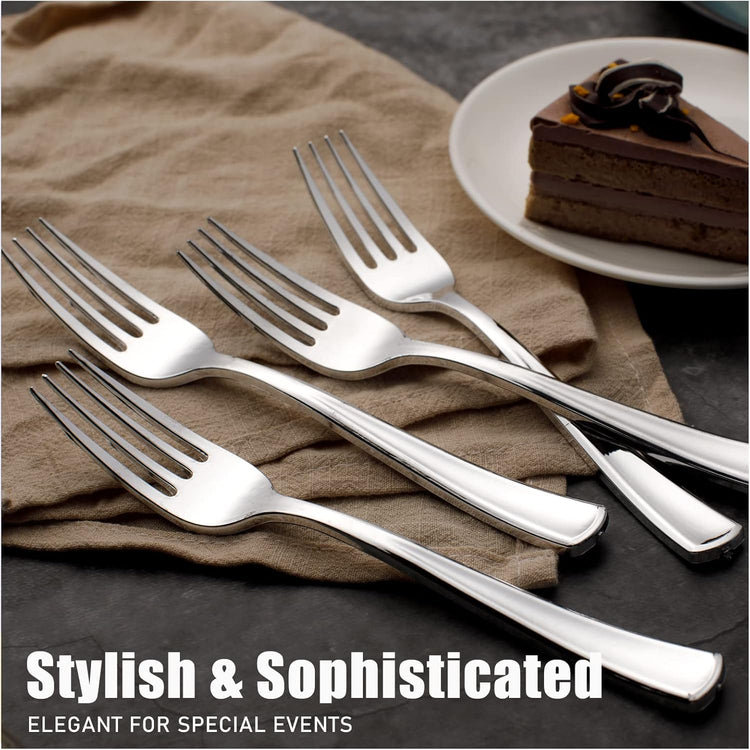 WDF 100 Piece Silver Plastic Forks - 7.4inch Silver Forks Disposable - Plastic Silverware for Dessert Cake - Heavy Duty Plastic Cutlery for Party or Daily Using