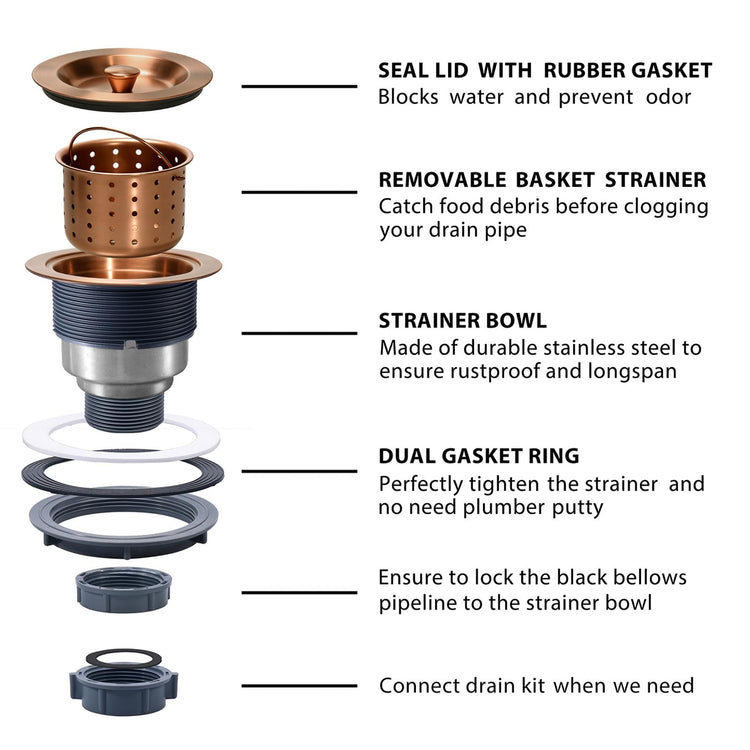 3/1-2 Inch Sink Drain Assembly Antique Copper Kitchen Sink Drain Kit Copper Stainless Steel Sink Basket Strainer Rubber Stopper, Sealing Lid/Removable Deep Waste Basket for Home, Kitchen